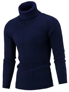 Men's Navy Blue Turtleneck Sweater Slim Fit Cable Knit Pullover Winter Thermal Top