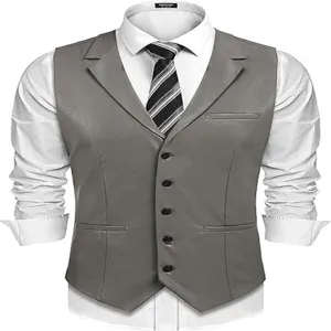 Chaleco de Traje de Cuero PU Vintage para Hombre Solapa Simple Botonadura Casual