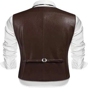 Gilet in pelle PU marrone da uomo vista posteriore, gilet vintage senza maniche con cinghia.