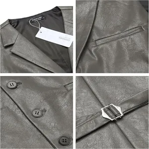 Chaleco de cuero sintético PU para hombre solapa vintage botonadura simple detalle.