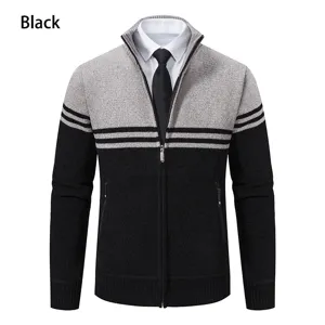 Men's Stand Collar Zip Up Cardigan Sweater Colorblock Striped Casual Knitwear Outerwear Style