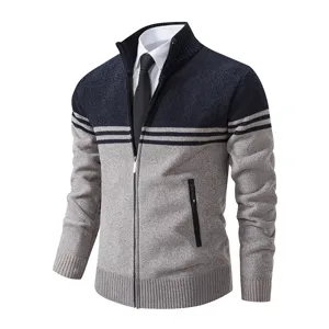 Men's stand collar colorblock cardigan sweater thick long sleeve knitted jacket with zipper pockets