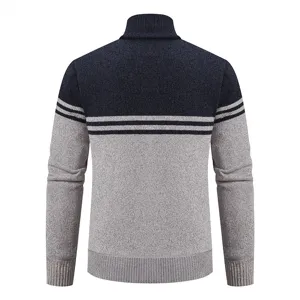 Men's color block stand collar knit sweater, thick long sleeve casual pullover top detail view.