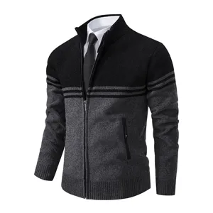 Men's stand collar color block knit cardigan sweater detail view featuring premium texture.