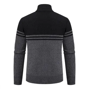 Men stand collar knit sweater casual thick color block cardigan outerwear back view