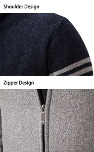 Detail view of men's velvet cardigan sweater showcasing shoulder design and metal zipper closure.