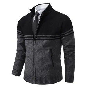 Men's Stand Collar Zip Cardigan Sweater Black Gray Colorblock Long Sleeve Main View