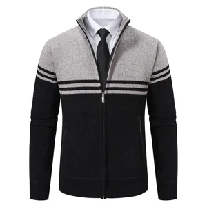 Men's stand up collar full zip cardigan sweater color block casual knitwear outerwear