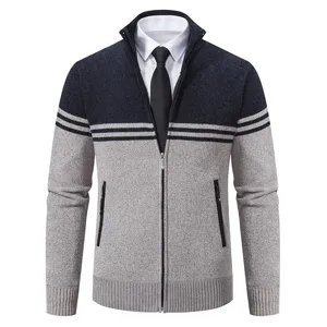 Men's Stand Collar Knit Cardigan Thickened Color Block Zip Up Casual Sweater Jacket