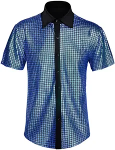 Camisa hombre manga corta lentejuelas azules vintage 70s disco fiesta botones brillante top