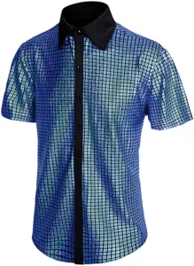 Camisa de manga corta con lentejuelas azules para hombre fiesta disco años 70 top