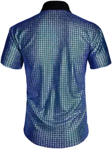 Camisa de manga corta con lentejuelas azules vista trasera fiesta disco años 70.