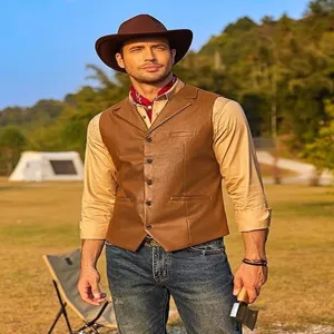 Men vintage PU leather single-breasted lapel vest for stylish outdoor casual wear detailed view.