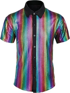 Elegante camisa de hombre con lentejuelas de arco iris manga corta para fiesta disco 70s