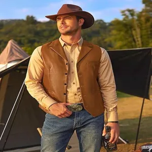 Men Retro Lapel Single Breasted Motorcycle PU Leather Vest Solid Color Casual Waistcoat Fashion Outerwear