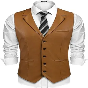 Men's vintage lapel PU leather waistcoat paired with white dress shirt and stylish necktie.
