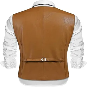 Back detail view of men vintage brown PU leather vest with adjustable back strap for stylish look.