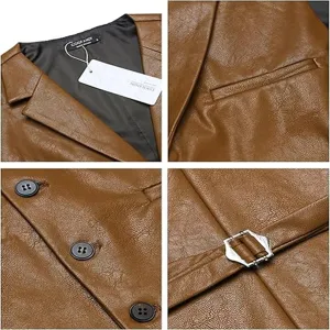 Men's vintage brown PU leather motorcycle vest lapel single-breasted waistcoat detail