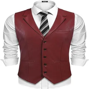 Chaleco de hombre retro con solapa monopetura de cuero PU slim fit elegante chic
