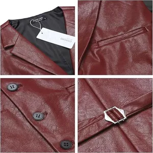 Vista detallada de chaleco retro de cuero sintético para hombre solapa botones hebilla.