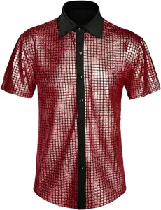 Hombre manga corta camisa lentejuelas rojas disco fiesta disfraz boton arriba!