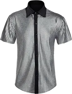 Camisa disco hombre manga corta lentejuelas plateadas estilo vintage años 70 fiesta top