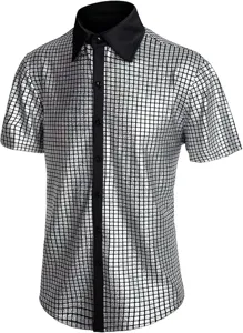 Hombre camisa manga corta lentejuelas plateadas detalle disfraz disco top brillante moda