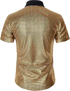 Polo de lentejuelas doradas para hombre vintage años 70 fiesta disco manga corta top
