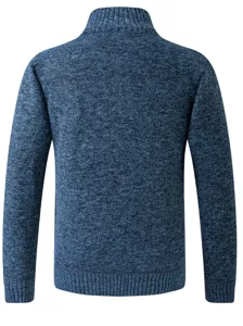 Men's Thickened Fleece-Lined Mock Neck Knit Sweater Warm Winter Pullover Outerwear Blue