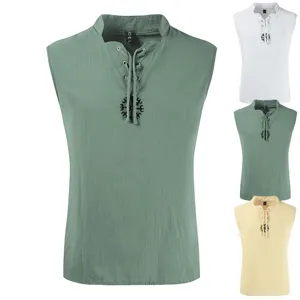 Camiseta Sin Mangas Verano Casual Cuello V Cordones Lino Hombre Color Solido