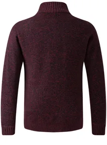 Men's stand collar warm knit sweater back view detail, comfortable winter fleece lined pullover.