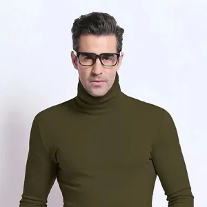 Men's solid color fleece-lined turtleneck t-shirt, thermal base layer detail view.