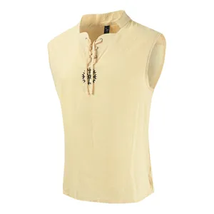 Camiseta sin mangas de verano para hombre chaleco vintage con cordones lino transpirable
