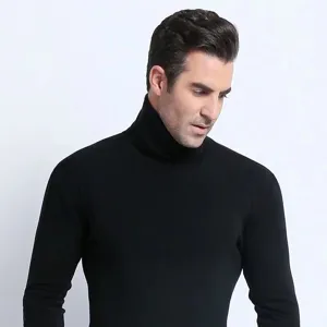 Men's black fleece-lined turtleneck thermal long sleeve base layer shirt close-up view.