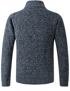 Men's dark grey mock neck knit sweater back view detail, cozy winter wool pullover.