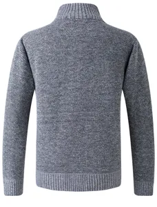 Men's stand collar thick fleece knitted sweater, grey casual winter warm cardigan coat.