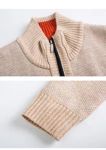 Men stand collar knitted cardigan detail view, thick warm sweater full zipper design.