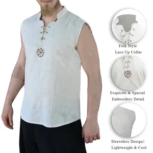 Camiseta sin mangas de lino para hombre con detalles de bordado de estilo folk vintage.