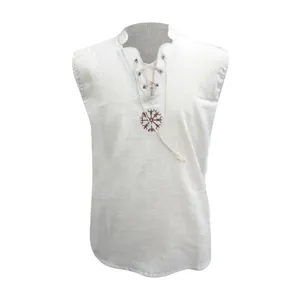 Camiseta sin mangas de lino para hombre estilo medieval vikingo con cordones blanco.