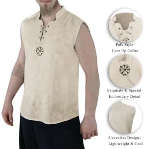 Camiseta sin mangas de hombre estilo lino con cuello de cordones y bordado rúnico.