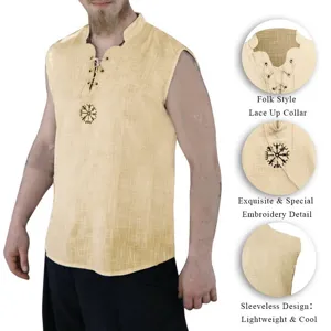 Chaleco de lino sin mangas para hombre con cuello de cordones y bordado tradicional.