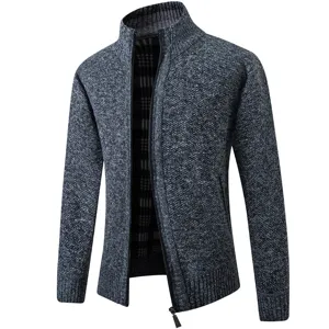 Men's thick fleece-lined zip cardigan sweater, winter warm stand collar knitwear jacket