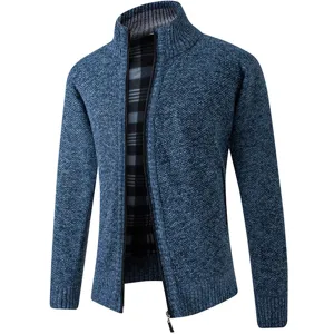 Men's fleece lined zip cardigan winter warm knit sweater jacket stand collar blue