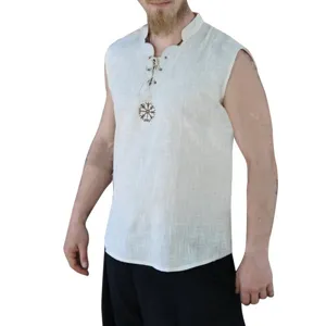 Chaleco sin mangas de lino retro para hombre con bordado de runas vikingas en pecho.