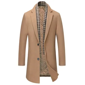 Detailed view of men's camel wool overcoat with houndstooth collar scarf and quilted lining.