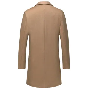 Men's winter wool blend trench coat back view, classic khaki overcoat detail shot.