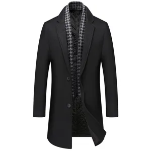 Men's thick wool blend trench coat mid-long winter outwear with houndstooth scarf