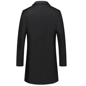 Detailed back view of men's black wool trench coat, classic lapel design, thickened warm fabric.