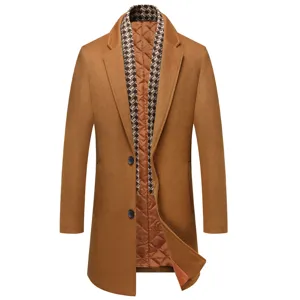 Men's thick wool blend overcoat with houndstooth lapel and quilted lining for winter.
