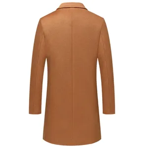 Back view detail of men's thick woolen trench coat showing clean tailored seams.